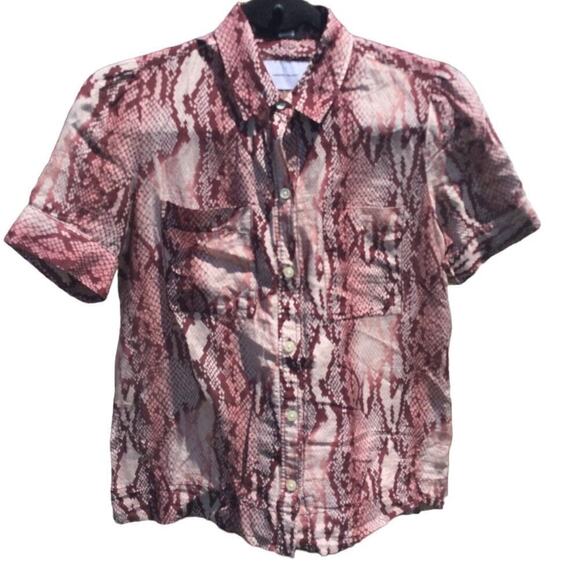 CURRENT/ELLIOTT Womens Short Sleeve Shirt 1 / S Pink Snake Reptile Bermuda Silk - Picture 5 of 14